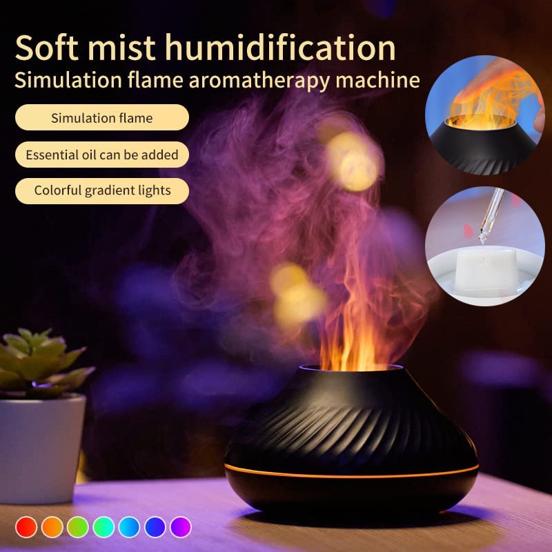 8623da6f-c554-4d32-aecd-ed82fddd76f1.jpg New Volcanic Flame Aroma Diffuser Essential Oil Lamp 130ml USB Portable Air Humidifier With Color Night Light Mist Maker Fogger LED Light
