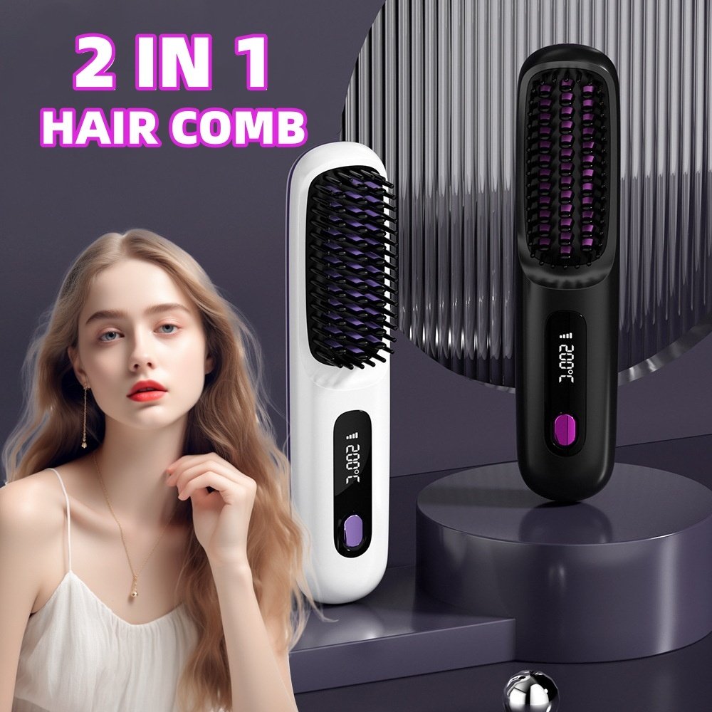 d0564d84-61e4-40ec-9780-a1f0aeada15d.jpg 2 In 1 Straight Hair Comb Wireless Hair Straightener Brush Hair Fast Heating Portable Hot Curler USB Charging